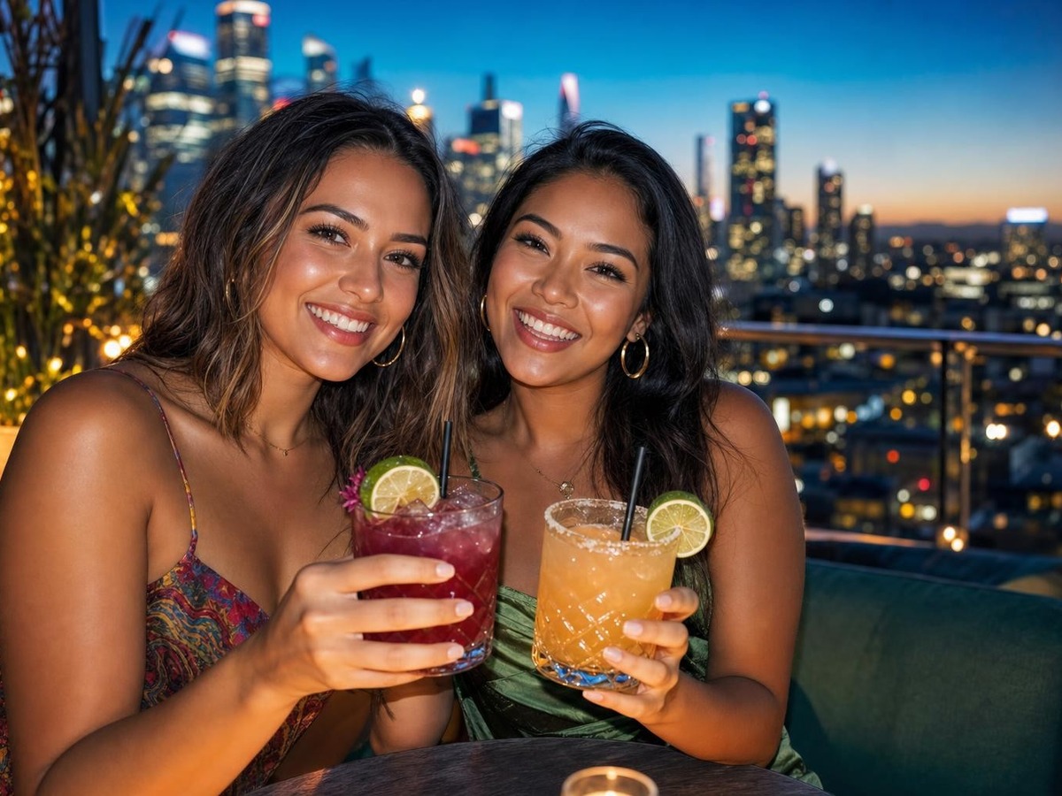 Amigas brindando en una azotea al anochecer con colores vivos y caras claras
