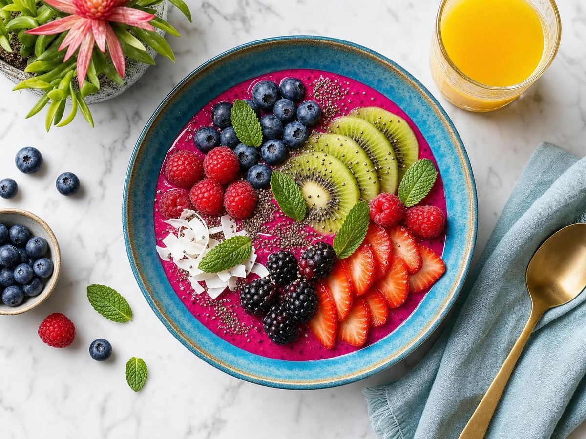 Bowl de frutas de colores vivos fotografiado para redes sociales