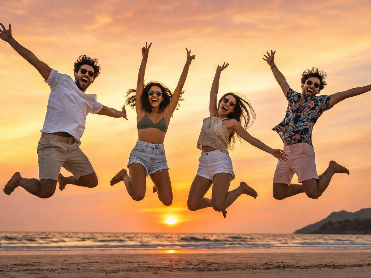 Amigos saltando en la playa, nítidos para redes sociales