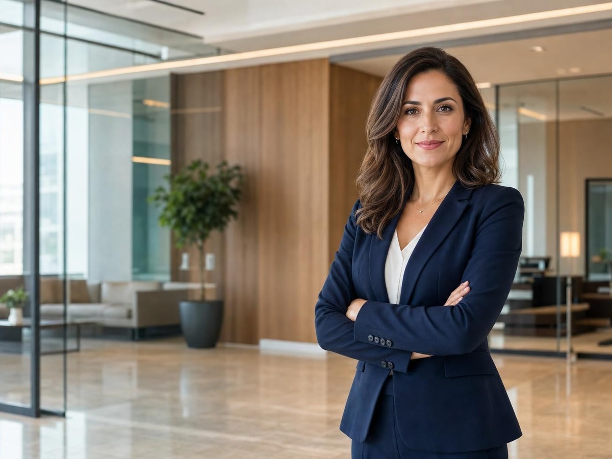 Retrato profesional horizontal de una empresaria en un vestíbulo moderno