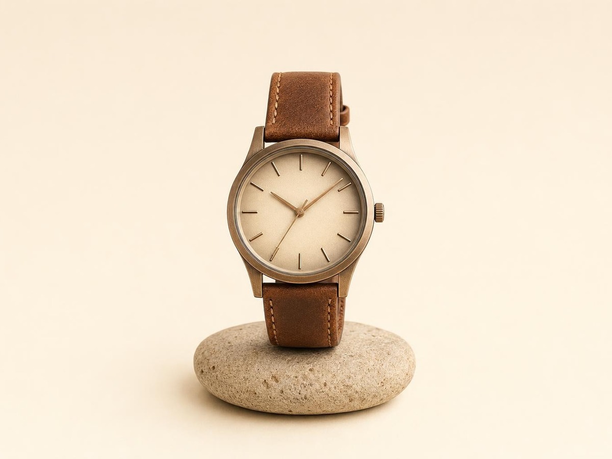 Reloj con correa de cuero sobre fondo amplio y limpio para marketplace