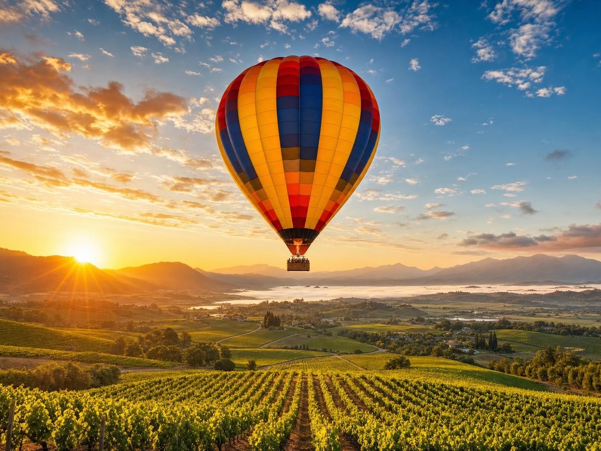 Globo aerostático sobre viñedos al amanecer en formato para historias