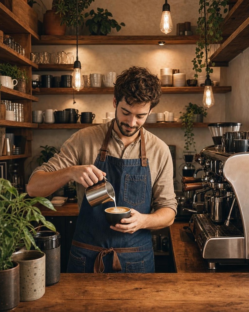El mismo retrato del barista con el café y las estanterías completados