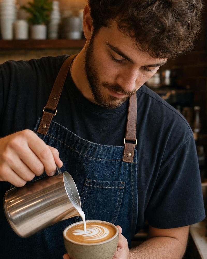 Retrato de un barista con encuadre estrecho que corta brazos y máquina