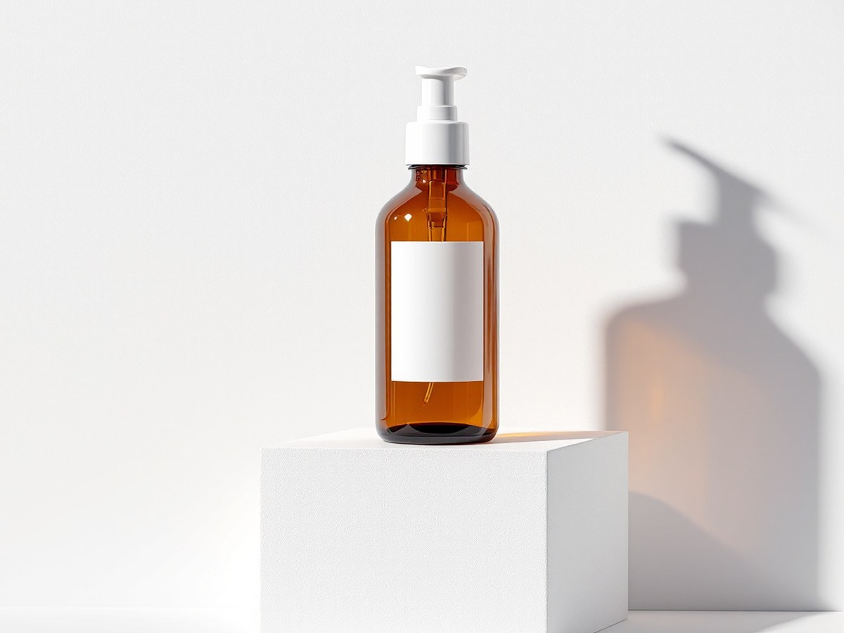 Botella de cosmético sobre fondo blanco para tienda online