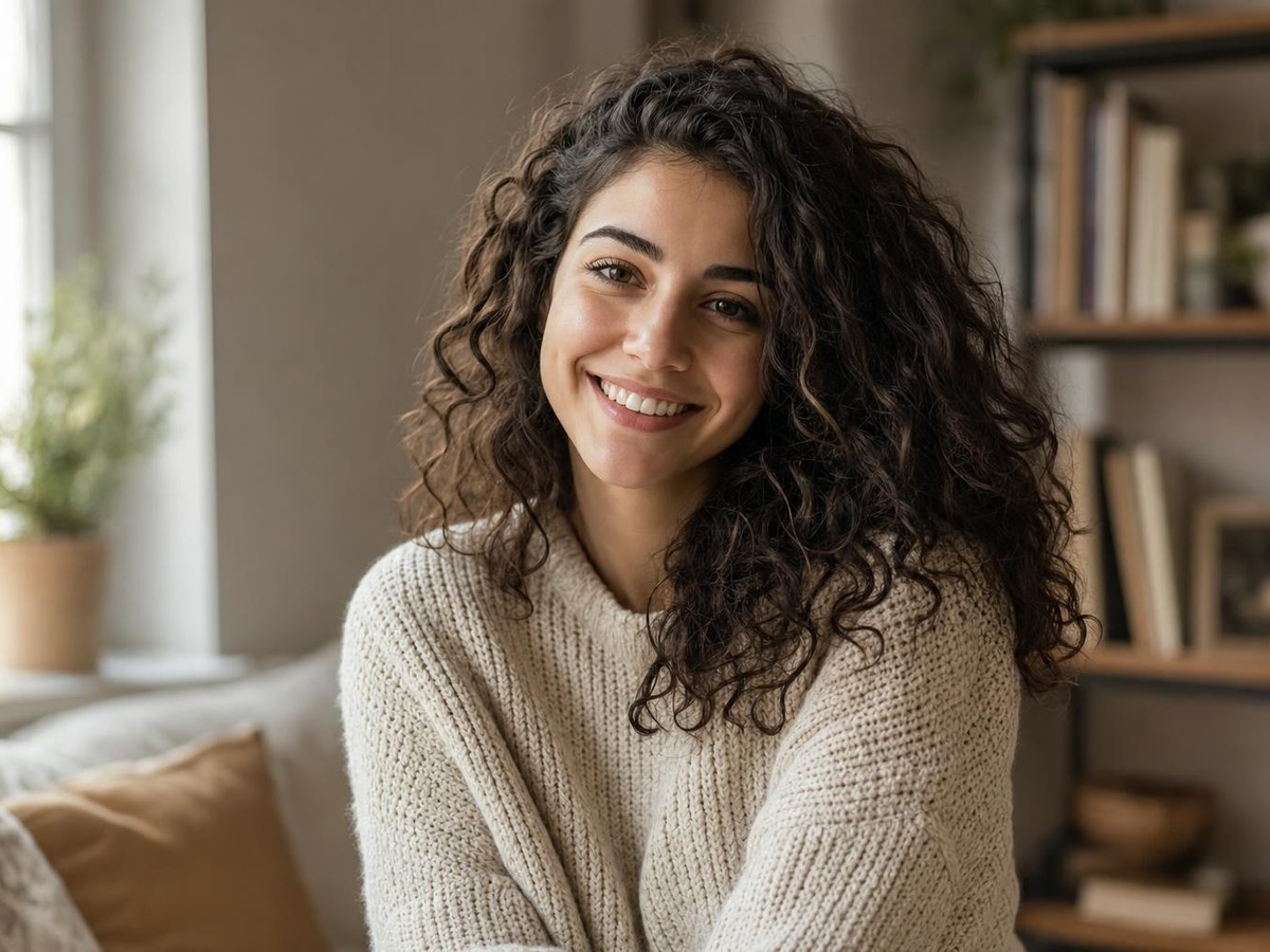 Retrato nítido de una mujer joven con luz natural de ventana