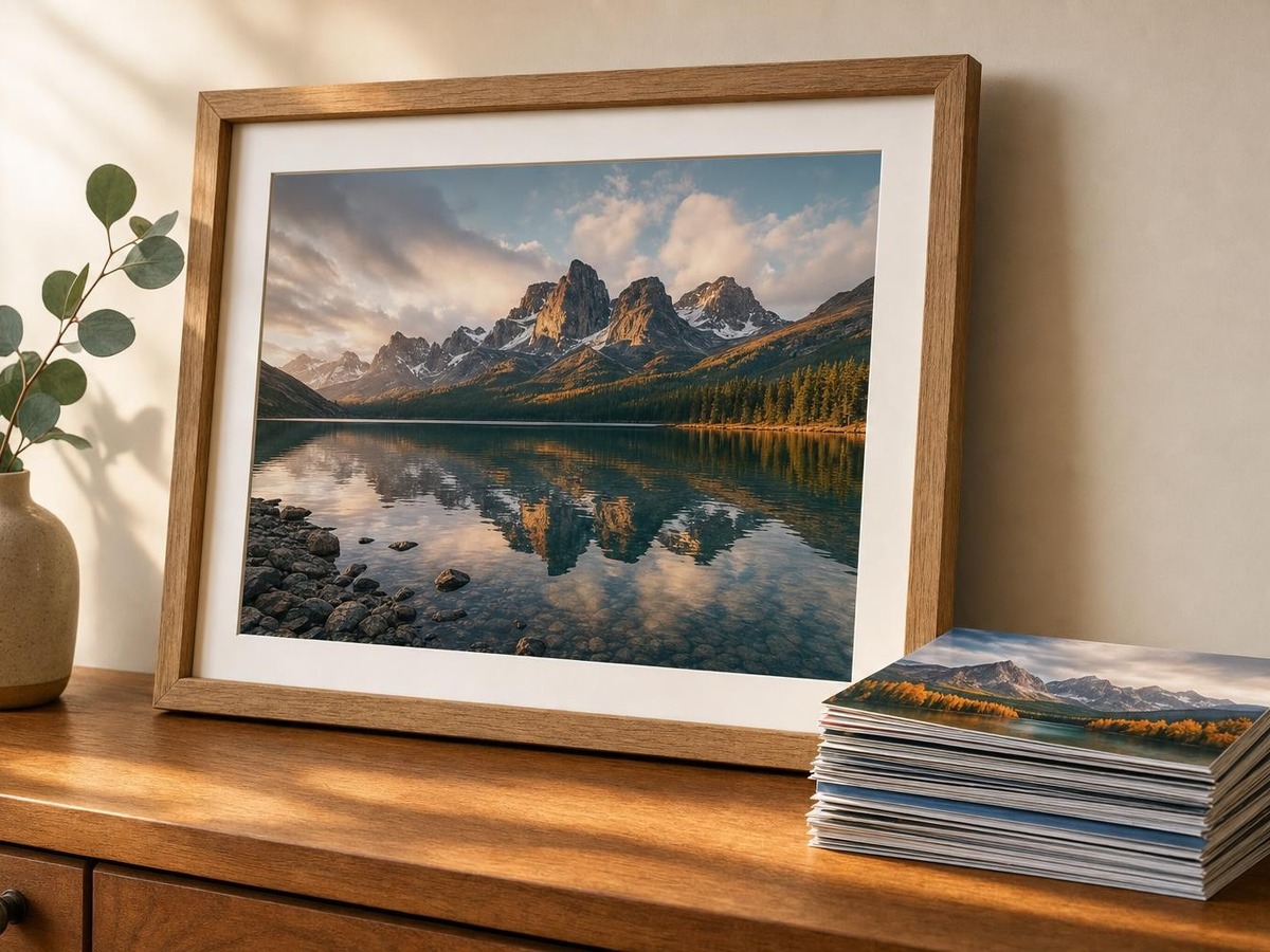 Fotografías impresas y un cuadro enmarcado listos para decorar