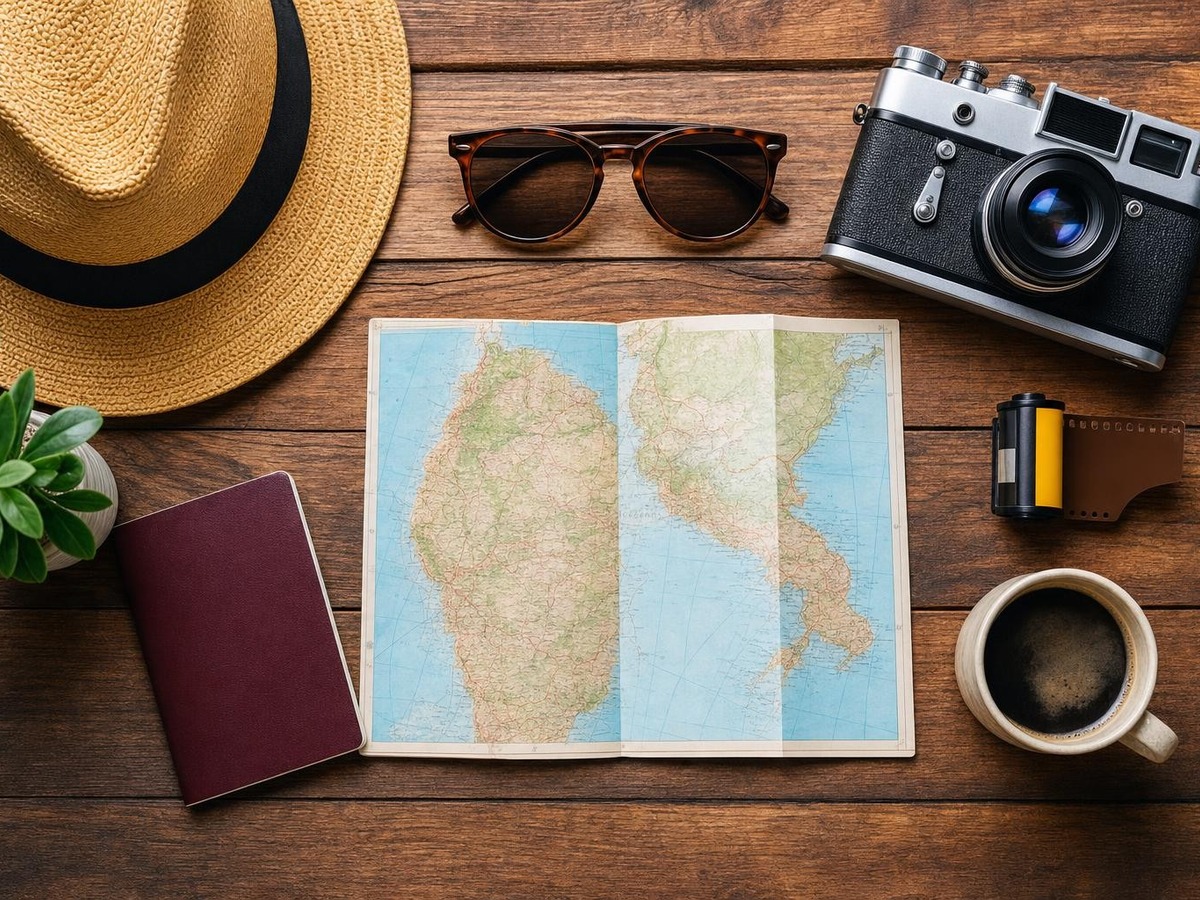 Flat-lay de objetos de viaje con colores vivos para redes sociales