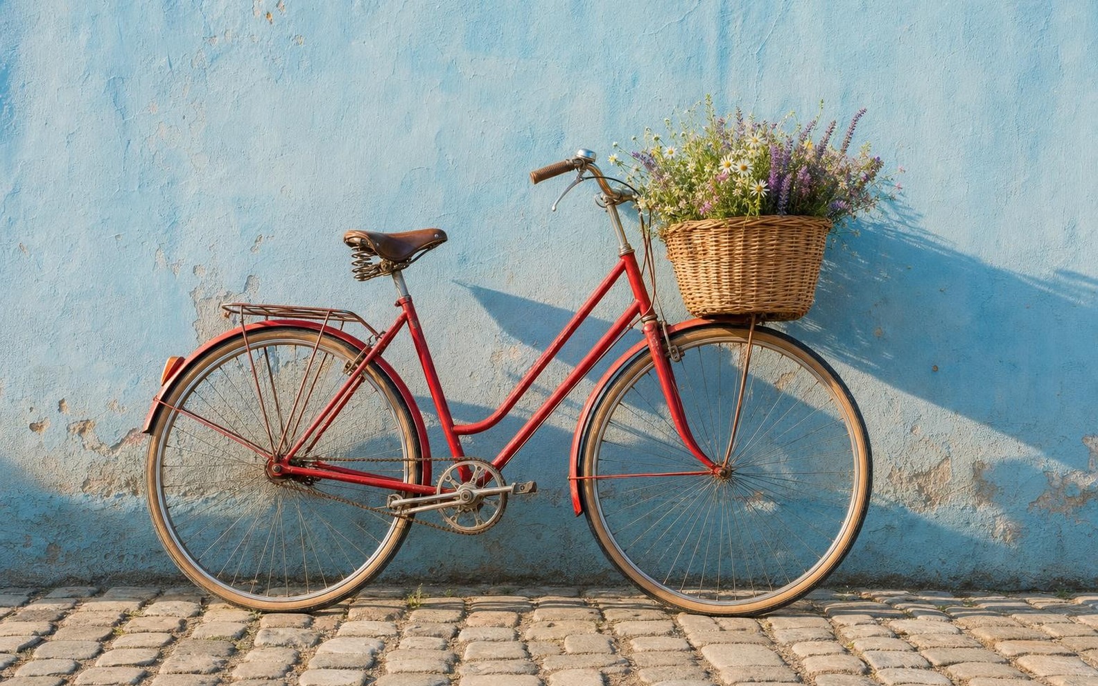 Foto pixelada de una bicicleta roja junto a una pared azul antes de ajustar el tamaño. La misma bicicleta roja en alta resolución tras redimensionar imagenes sin perder nitidez.