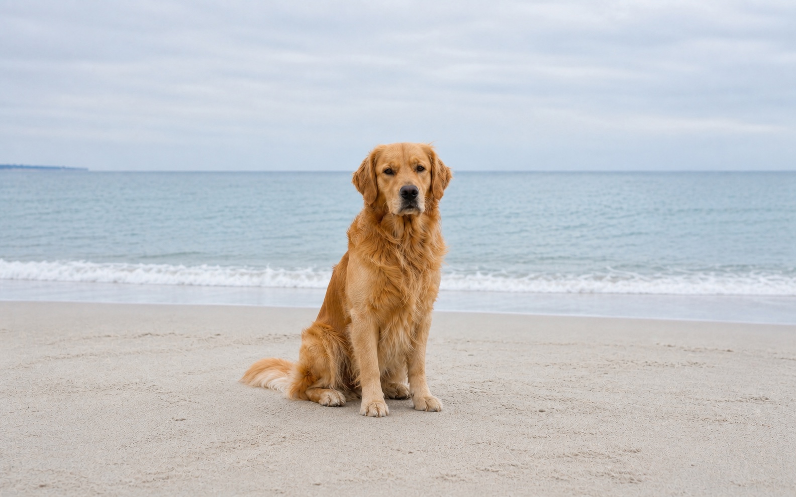 Golden retriever sentado en la playa con el pelaje más definido después del procesamiento