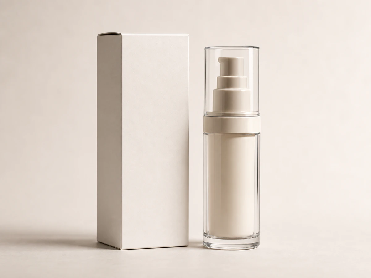Envase cosmético y caja sobre fondo claro