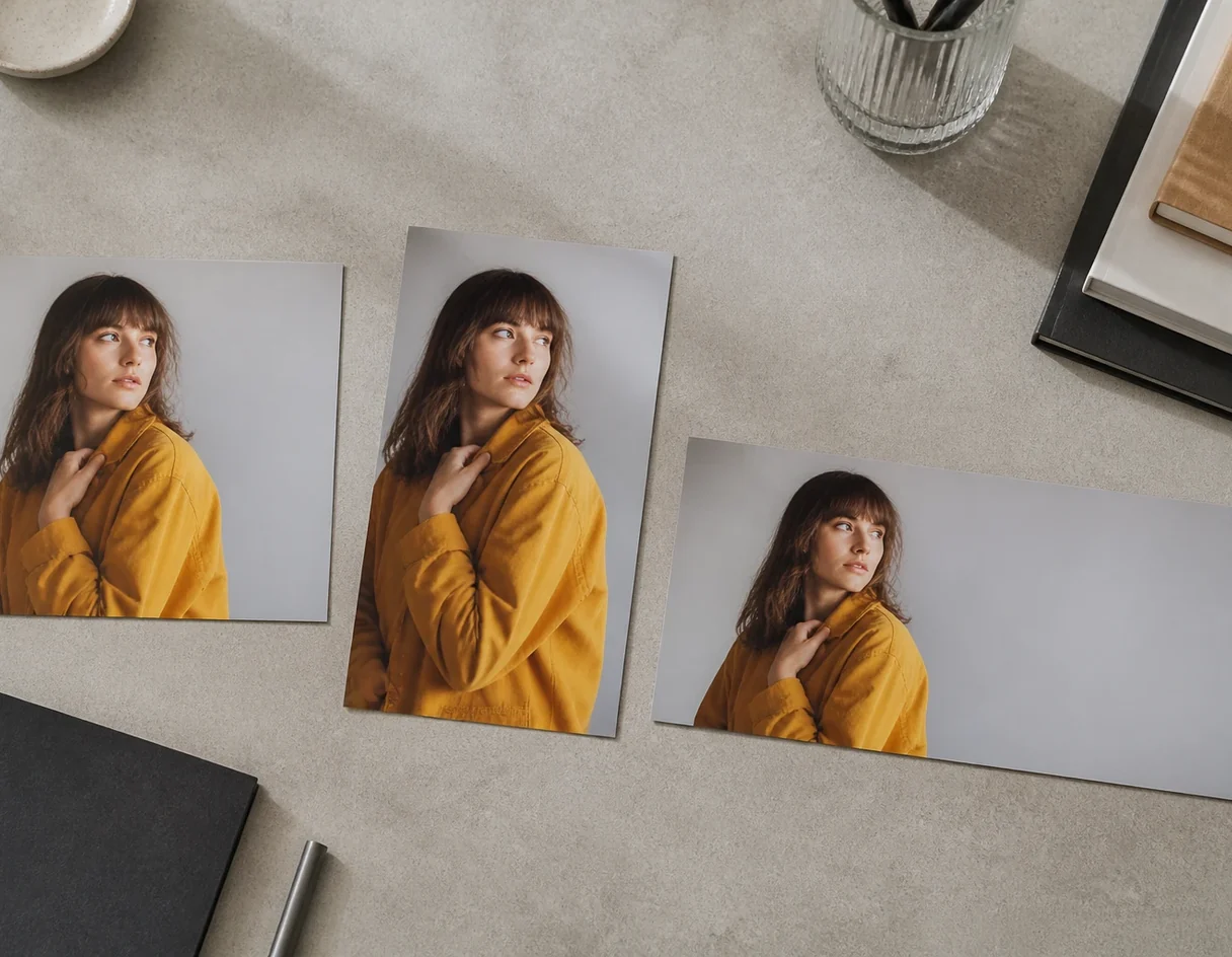 Retrato de una mujer con chaqueta amarilla en formatos cuadrado, vertical y horizontal