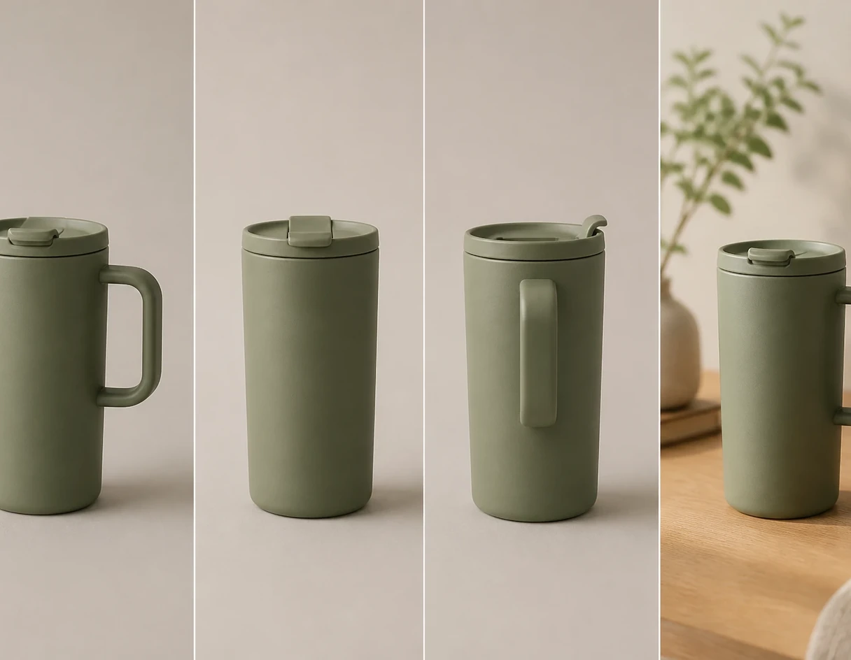 Cuatro vistas de una taza térmica verde para un catálogo de producto