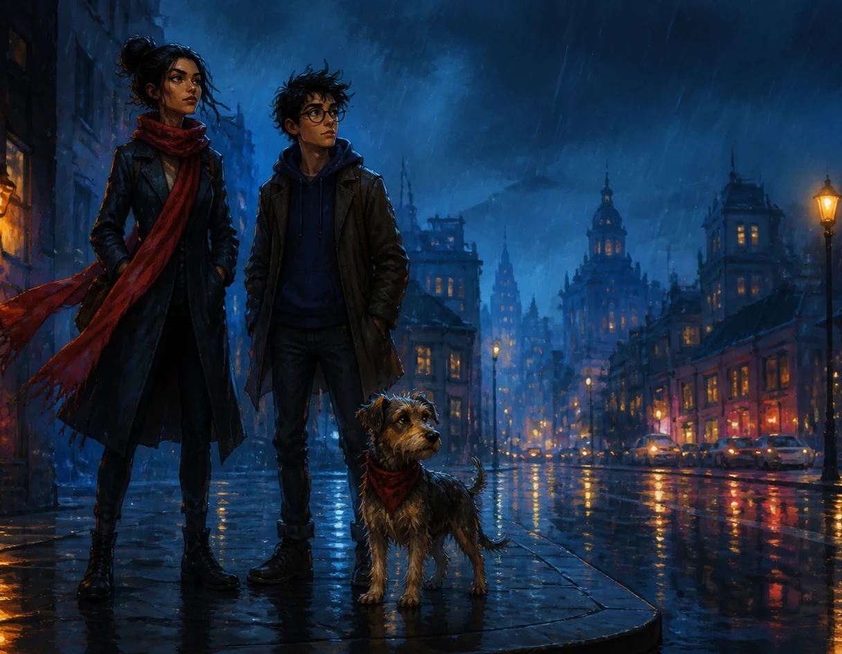 Ilustración de dos personajes y un perro en una calle bajo la lluvia